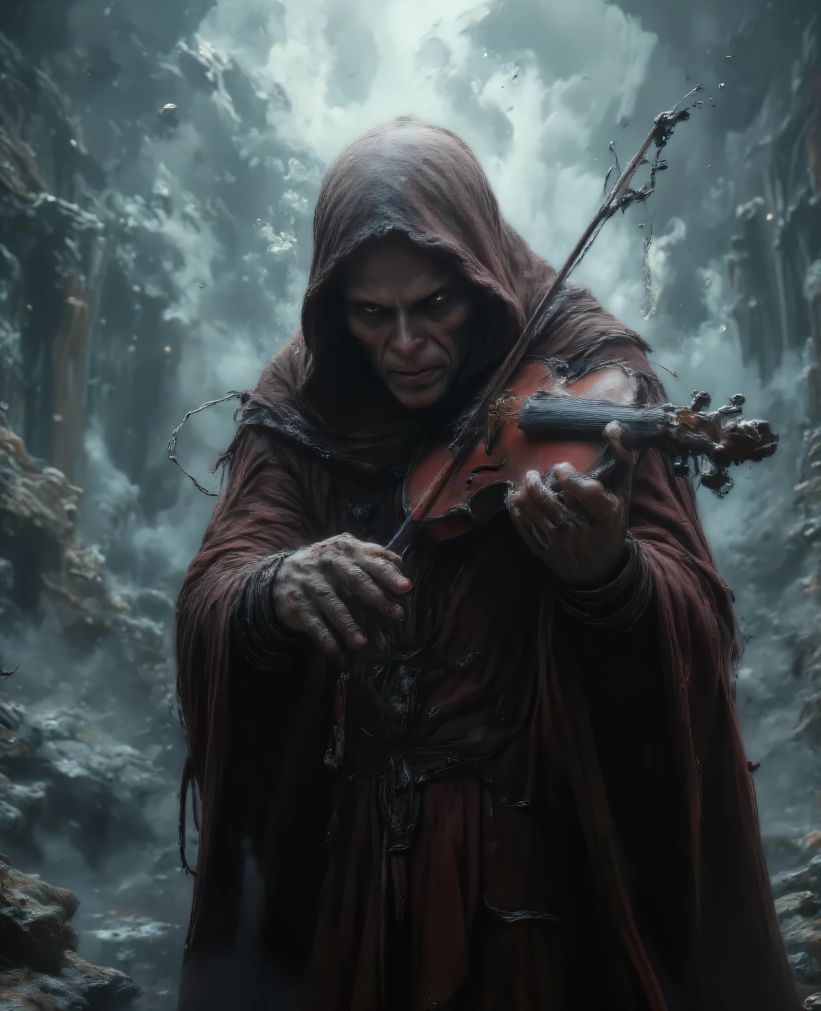 Dark, brooding figure playing a violin. Adult male, unknown ethnicity, appears gaunt and weathered. Deep crimson hooded robe, tattered and stained with dark grime and soot, hinting at decay and struggle. Hands are heavily textured, coated in grime, playing a violin with intense focus. A somber, melancholic expression. Deep shadows and dramatic lighting accentuate the subject's features. The violin is a rich, burnished crimson, reflecting the light in a muted way. The environment is a misty, mountainous landscape, obscured by smoke and dust, suggesting a desolate or apocalyptic setting. The overall color palette is muted and somber, with deep greys, grays and shades of crimson. Atmospheric textures mimic the effects of weather or a cataclysmic event. The composition is centered on the figure with the violin, and the perspective is a medium close-up shot. Gritty textures and detailed rendering show advanced digital painting techniques. Gothic aesthetic, reminiscent of dark fantasy and cinematic art direction. Dramatic, somber mood.