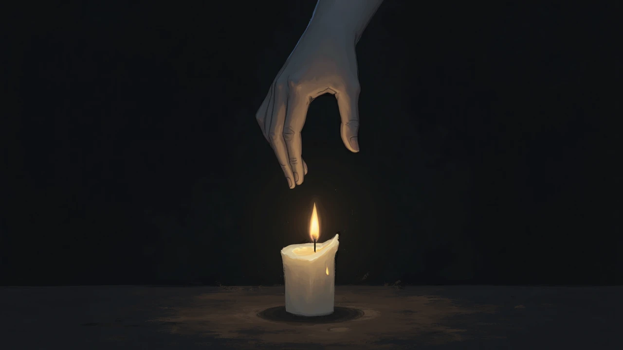 A single candle burning in a dark room, a faint hand of light reaching ...