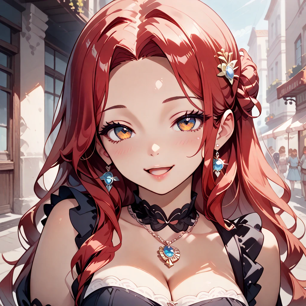 ivy fe, 1girl, solo, breasts, looking at viewer, tender loving smile, gentle eyes, castle background, gloves, dress, cleavage, bare shoulders, purple eyes, upper body, elbow gloves, white gloves, mole, lips, makeup, mask, mole under mouth, full body, own hands together
