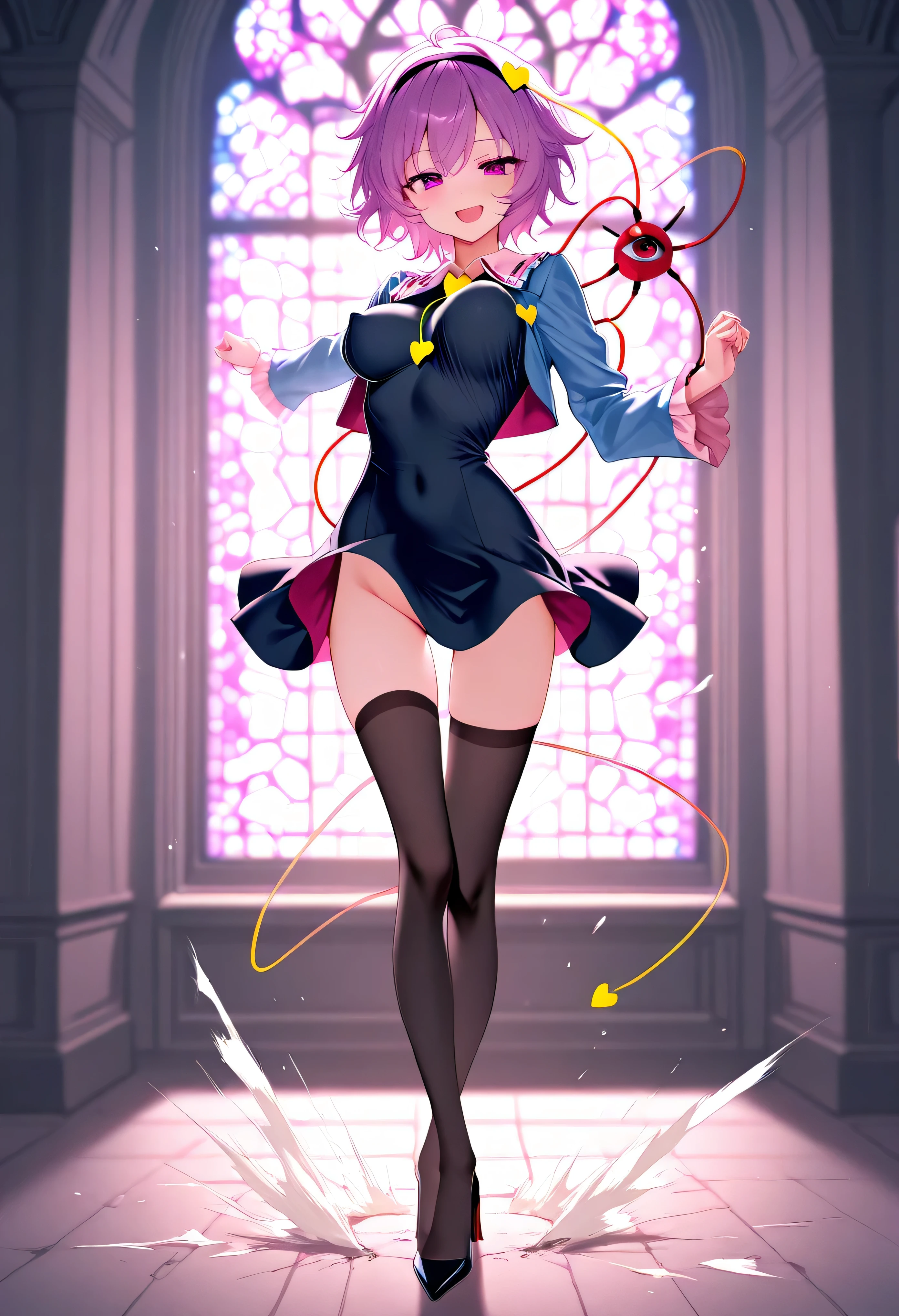 (score_9), komeiji_satori, longlegs_v0.22_pony, solo, (1 skinny girl standing), (petite small girl), BREAK, (cropped coat:1.2), (black short dress:1.2), (thigh gap:1.2), (groin:1.2), black thighhighs, stiletto heels, BREAK, looking at viewer, {smile:0.2}, {open mouth:0.2}, (bouncing unaligned breasts:1.3), arched back, BREAK, (too short torso:1.2), (too narrow waist:1.2), (too short waist:1.2), (covered large nipples:1.1), {orgasm}, BREAK, stained glass