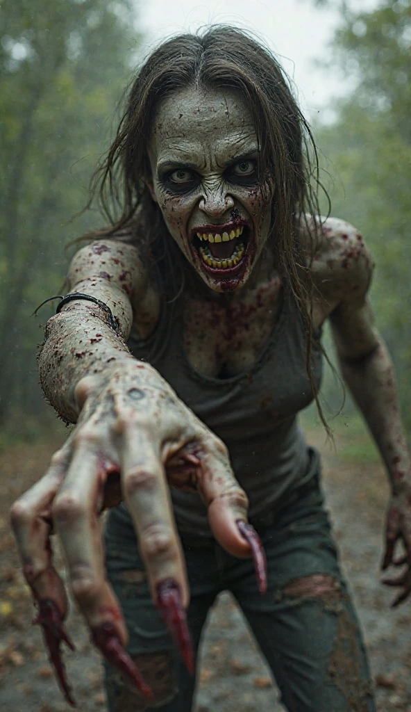 A mound of earth with a simple tombstone from which emerges half the body of a female zombie, supports himself with his arms on the floor to emerge from the ground. Photo realistic with minimalist background on a solid background. The zombie is seen from the waist up, with the rest of his body buried in the tomb.  Center angle towards the camera,  The tone is friendly but cool