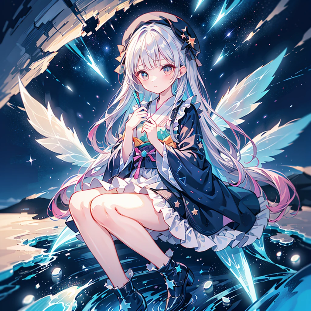 ((Archangel Fantasy Rainbow Hair Make your hair rainbow-colored on the inside Twin tails Dull blue eyes)) ((Has a galaxy uniform Put on a coat without putting your arms through it)) (((Wings many times larger than mine Gradient Feathers Glass Feather))) Pillar of Light cyber punk Smiling Kindly front)) ((tears gloves)) (Broken glass Rolling Pebbles Distorted Space-Time star) Catch the wind milky way Shining Background Particles of light rainbow colored edges Shining Edge star