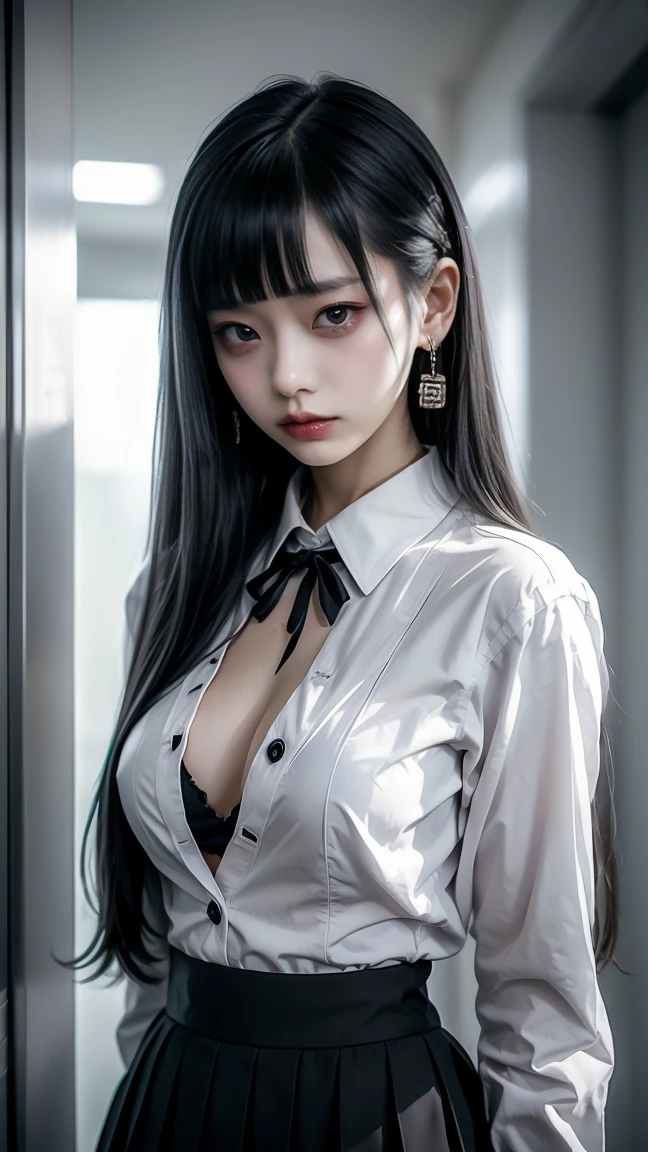 Game art，The best picture quality，Highest resolution，8K，(A bust photograph)，(Portrait)，(Head close-up)，(Rule of thirds)，Unreal Engine 5 rendering works，
一位美女的写真，An eye rich in detail，(Big breasts)，优雅高贵，冷漠，勇敢的，
(Wearing a business suit，White shirt，Business attire)，Sit，
拍照姿势，简单背景，Movie lights，Ray tracing，Game CG，((3D Unreal Engine))，oc渲染反射纹