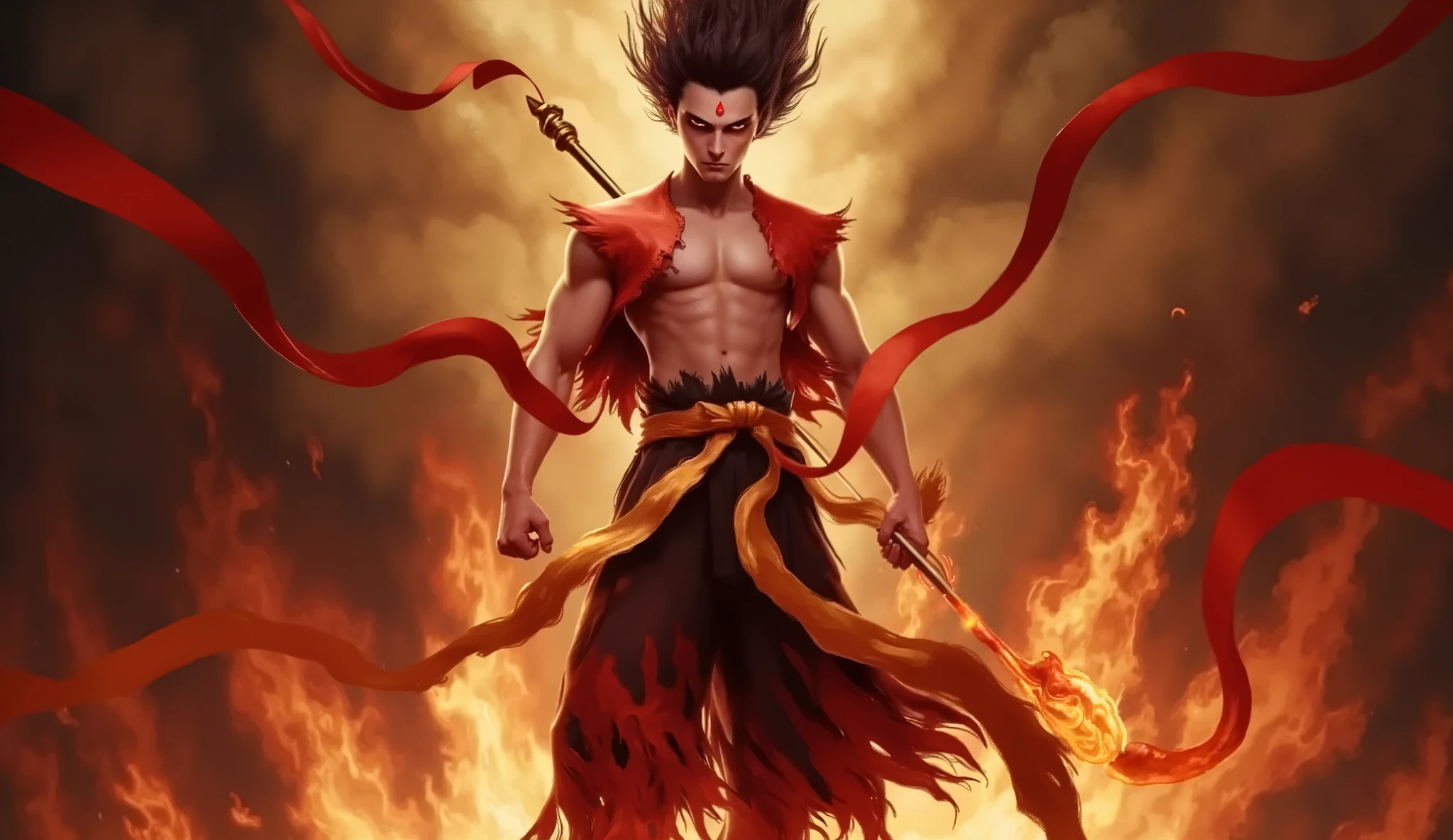 This is a digital artwork depicting a powerful, malevolent figure engulfed in flames. The central figure, a muscular, shirtless man, has a dark, menacing expression with glowing red eyes. His hair is long and wild, flowing dramatically around his head and shoulders, adding to the sense of intensity and movement. He is armed with a long, glowing staff, which he holds in his right hand, and his left hand is raised, suggesting readiness for action.
The man wears a loose, flowing black robe that is partially consumed by the flames, giving it a tattered, ragged appearance. The robe is tied at the waist with a red sash that flows behind him, adding to the dynamic, fiery atmosphere. The background is a dark, smoky abyss, with swirling, intense flames that consume the edges of the image, creating a sense of depth and urgency.
The color palette is dominated by reds, oranges, and yellows, with highlights of black and white, enhancing the dramatic and menacing mood. The texture of the flames is smooth and fluid, with a sense of motion and energy that fills the entire scene. The overall style is highly detailed and realistic, with a focus on the intense, almost otherworldly atmosphere.