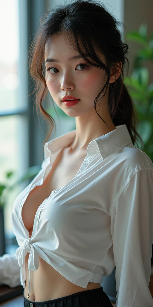 (1womanl), ((Malay Muslim Women)) wearing in ((White Tight Silk Shirt)), Black short skirt, Black stocking, fully body photo, Standing in the office room, (((Big breasts, cleavage))), ((thick thighs, an hourglass figure)), (toppless), ((glossy red lips)), (((Long dark brown hair))) Photorealistic, Photo, masutepiece, Realistic, Realism, Photorealism, High contrast, lowkey, ((low illuminance)), photorealistic digital art trending on Artstation 8k HD high definition detailed realistic, Detailed, Skin Texture, Hyper Detailed, Realistic skin texture, armature, Best Quality, 超A high resolution, (Photorealistic:1.4),, High resolution, Detailed, Raw photo, Sharp Re, by lee jeffries 「Nikon D850 Film」Stock Photo 4 Kodak Portra 400 Camera F1.6 lens rich colors hyper realistic lifelike texture dramatic lighting unrealengine trending on artstation cinestill 800