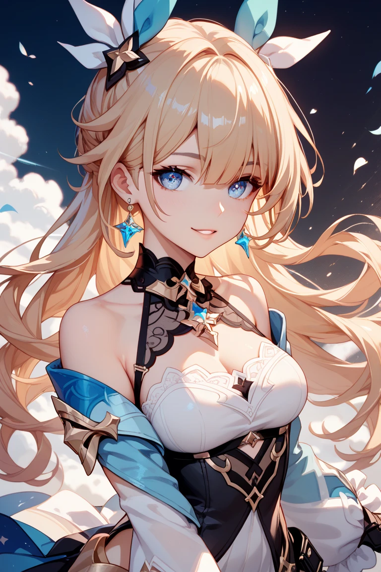 (masterpiece, best quality:1.2), 1girl, solo, blond hair, blue hairband, blue hair ribbon on the left, white-blue breast, black gloves, knight skirt, Solid color background