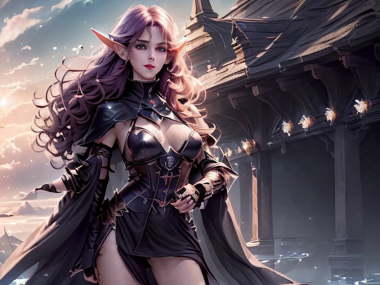 Dark elf male,gothic black plate armour,golden
ornaments,pale white skin,long black hair,holding a sword,no helmet,tired look,dirty,half transformed,half hair white, 1 eye glowing with pink energy,possesed by demon,cape,looming shapeless shadow with pink eyes behind the elf,frozen wastes background,shadow rests one of its claws on pauldron,engulfed in shadows,double edged sword with a glowing red stone in a hilt,black veins over possed side of the elf