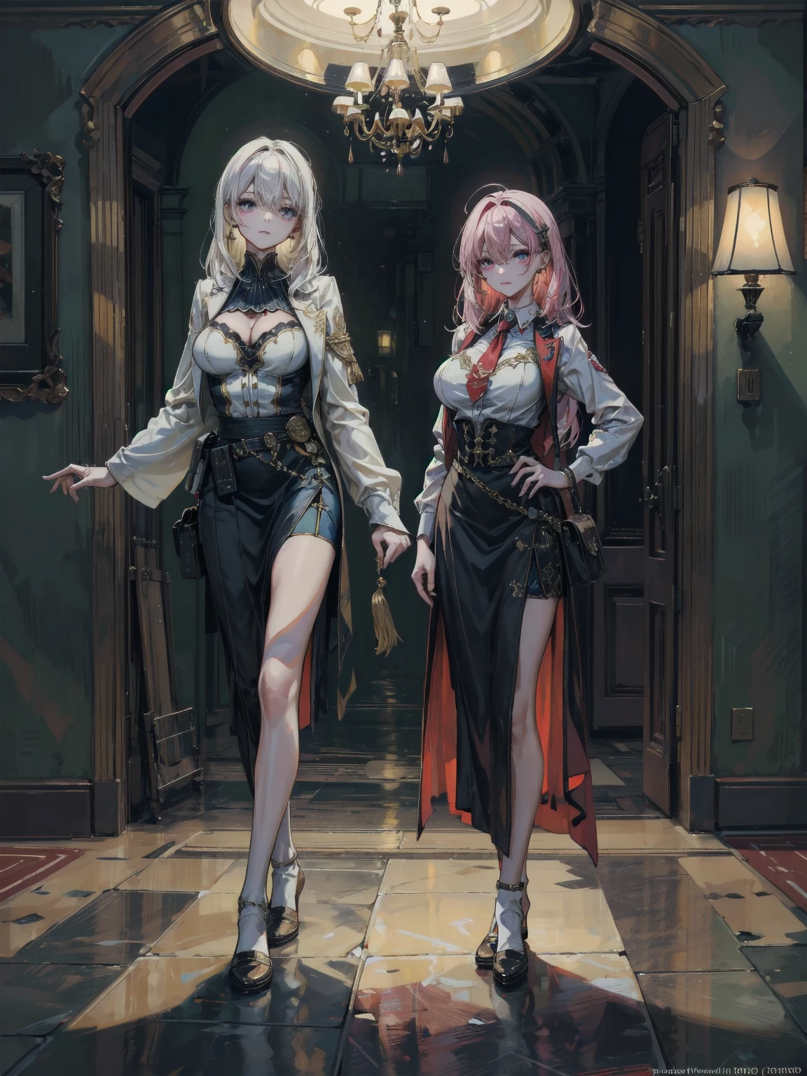 A pink haired woman with violet eyes with an hourglass figure is posing with red haired woman with red eyes in fancy dresses in a library