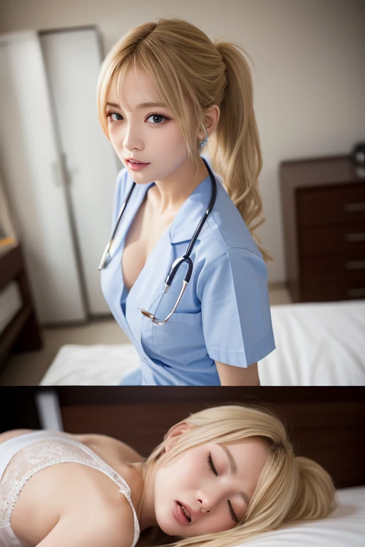 they are two women in white uniforms sitting on a bed, range murata and artgerm, nixeu and sakimichan, nurse girl, kda and sam yang, anime barbie in white stockings, ruan jia and artgerm, extremely detailed artgerm, seraphine ahri kda, wlop and sakimichan