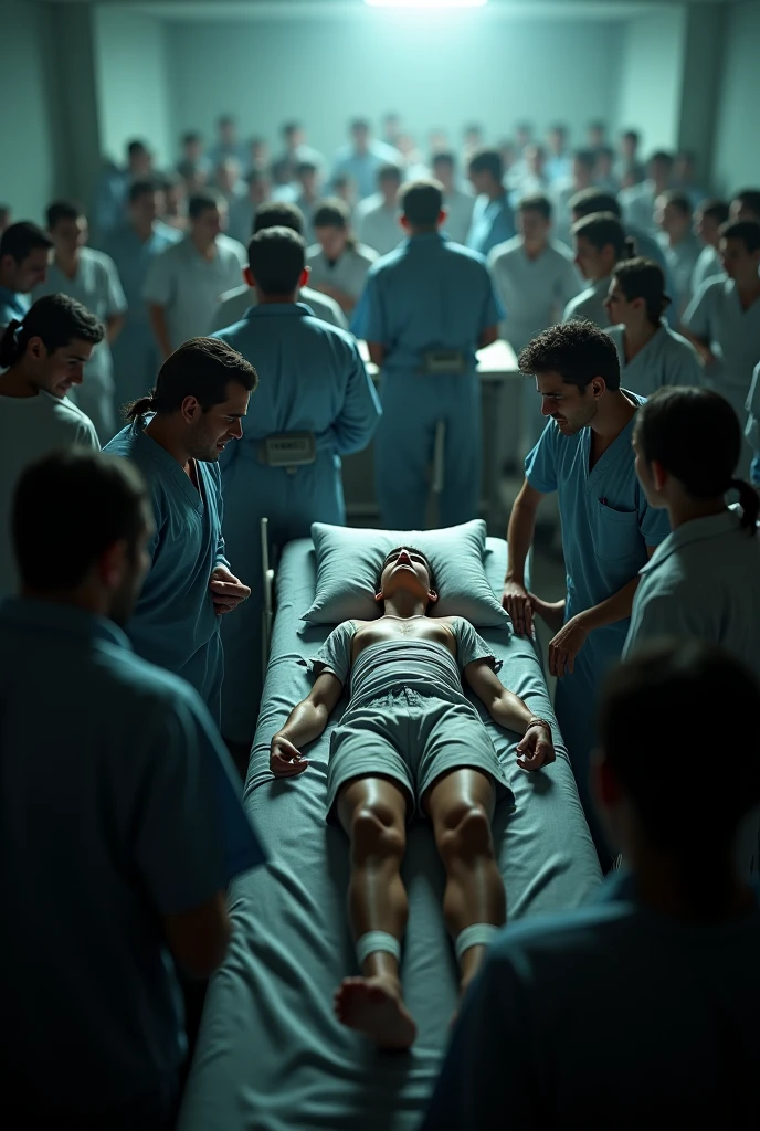 In an anatomy classroom, an iranian man, stark, very bearded and hairy body, is lying on an examination table completely naked. He is touched and examined closely by a group of curious casually dressed students around him., all focused on learning about the human body. The school classroom is bright.