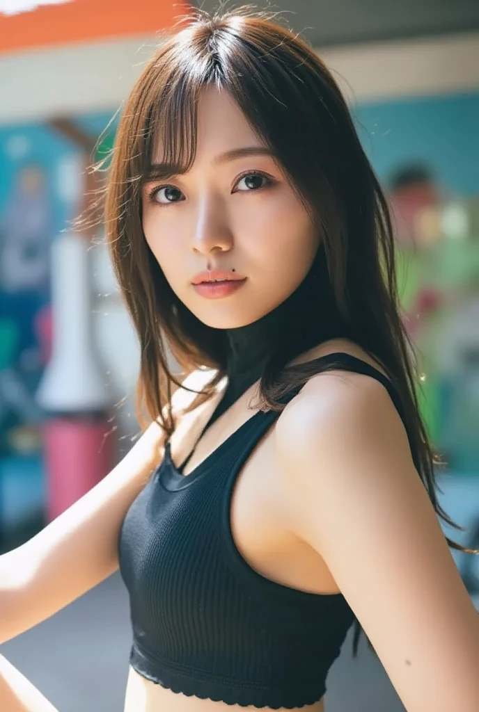 Highly detailed CG Unity 8k wallpaper, top quality, super detailed, masterpiece, realistic, photo realistic, very detailed cute girl, 25 years old, Muscle, round eyes, viewer, blush, parted lips, half body shot , sportswear , gym, topless, christmas hat,