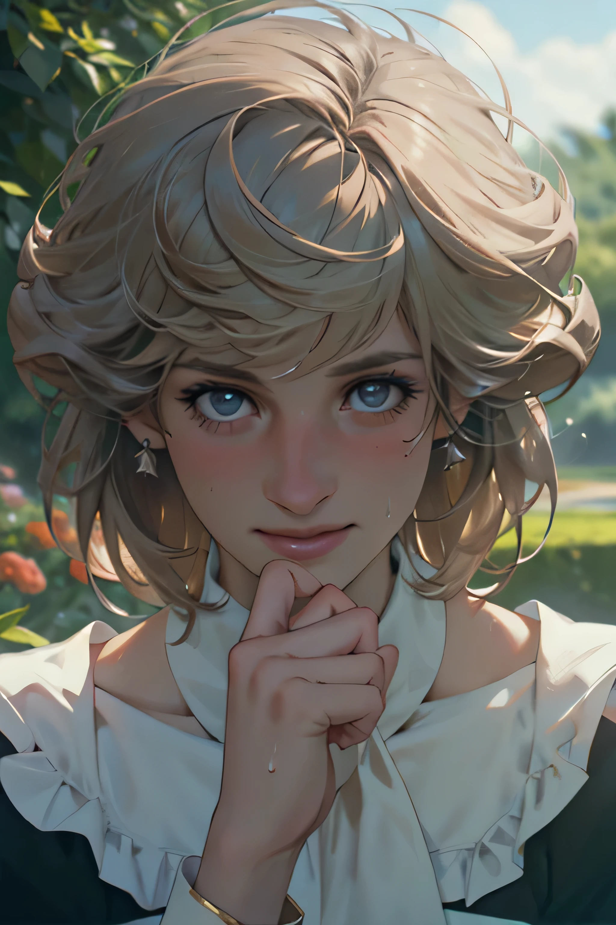 (masterpiece:1.3), (8k, Realistic, RAW Photos, highest quality: 1.4), ((One girl)), ((Princess Diana)), Beautiful Face, (Realistic Face), Beautiful hairstyle, Realistic eyes, Beautiful fine details, (Realistic Skin), Beautiful Skin, Absurd, Charm, Ultra-high resolution, Ultra-realistic, Very detailed, Golden Ratio, (Best Shadow), Cinematic, (Complex:1.4), (Accurate hand and finger depiction), smile, Sweat, Flushing, Voluptuous body, BREAK ((Inside the English garden)), (steam:1.2), cowboy shot