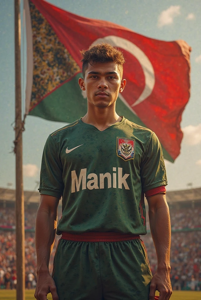 A 13 Year old boy in front of the Bangladeshi flag on the back wearing the Jersey of Bangladesh. The Jersey has Name Reyan written in English and the Face are covered in red color flag.
