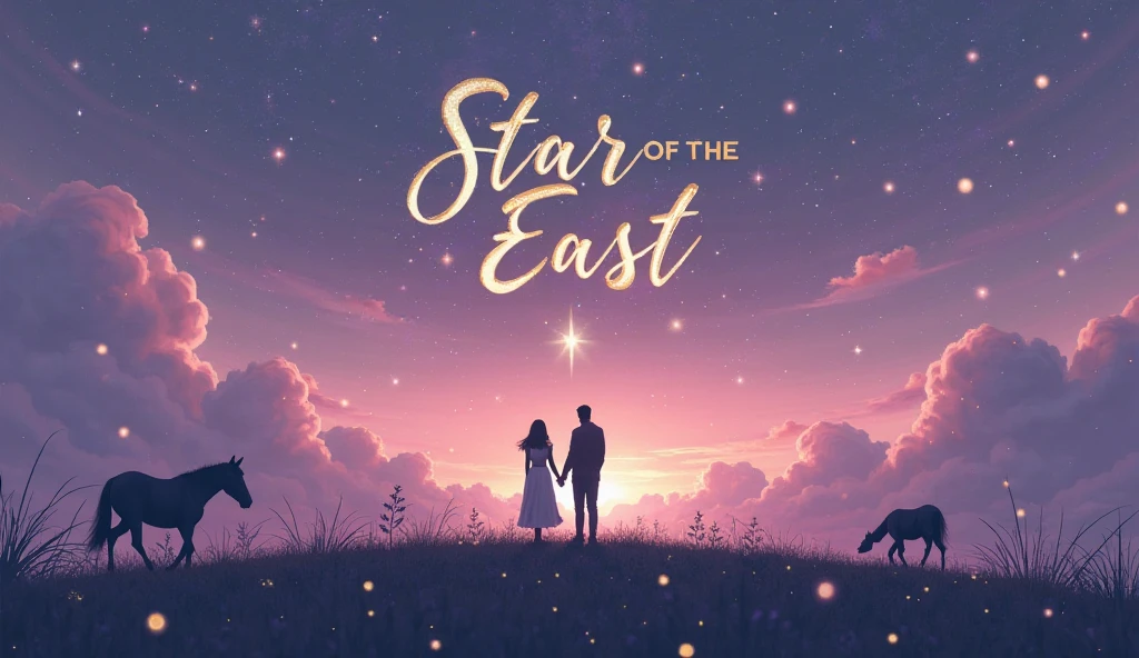 For the poster, imagine a deep starry background, with a big night sky. At the center, a dramatic couple in period costume, with a luminous aura around them. Use elegant fonts for the title “The Fate of the Stars” at the top, with shiny details imitating stars. down, include information about the premiere date and location, with a design that conveys the grandeur and mystery of the opera.