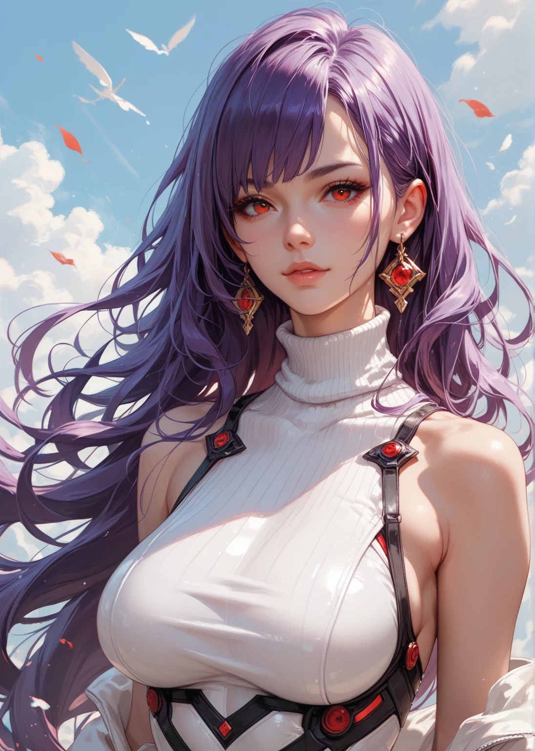 Best quality, Works of masters, A high resolution, 1girl, Super beautiful face, super beautiful eye, Super beautiful purple mohawk hair,(MagazineCover:1.2),magic caster outfits,Expose shoulders, accentuated super huge enormously gigantic nude and nipples exposed, beautiful detailed face, beautiful detailed eyes, naked, standing up, sweat, glow, (Character: Fern: Beyong Journey's End)