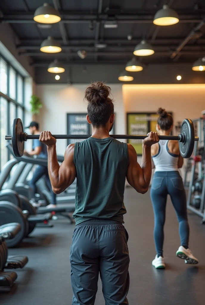 A serious teenage girl and boy are weight training in the gym.