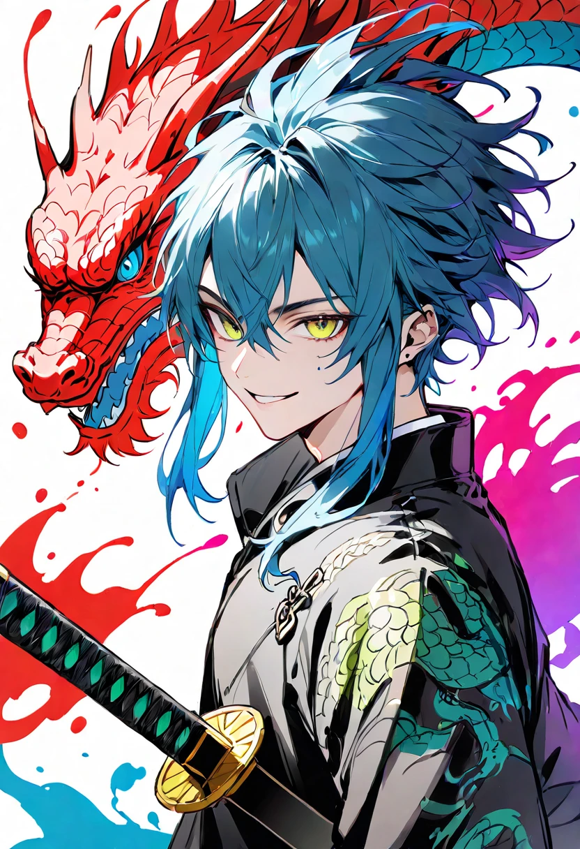 a boy , green skin, long hair, blue hair, red eyes, half dragon, green scales on the face and torso, wearing a kimono, high quality, high details