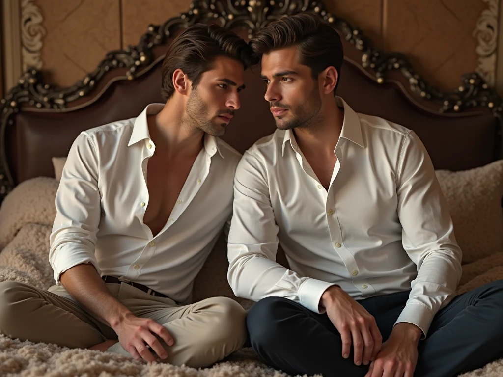 French and German men in white shirts,Lying lazily on the big sofa,Two Staring at Each Other!((Looks very intoxicated!)), ((Unintentionally exposing chest muscles))Handsome male, Handsome chad chin, Handsome and attractive, Handsome and elegant, Handsome man, Sexy masculine, masculine and Handsome, carefully sculpted eyes!Carefully carved fingers!,, Handsome, Attractive posing, attractive male, Wear a white shirt without buttons, Attractive man, 3 2 year old male!Lift your little head,((Loose tie,))Kominan is wearing a white shirt,(closeup portrait!))showing off his hairy pecs。(Show hairy chest muscles),),(Use a short beard collar),Wear a white shirt without buttons,(Show hairy chest muscles),),(Use a short beard collar,)headspace!Charming and serious look,(Handsome男人,sitting down,poorly dressed,Perfect body anatomy,Beautiful man face detail,perfect foot,perfect hand!Ultra-low angle shooting!!
