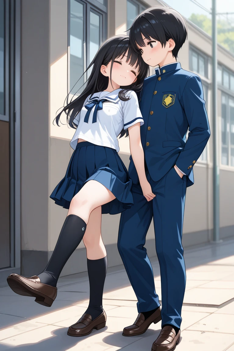 A couple studying in a sunlit school classroom, interior scene, warm natural lighting, detailed