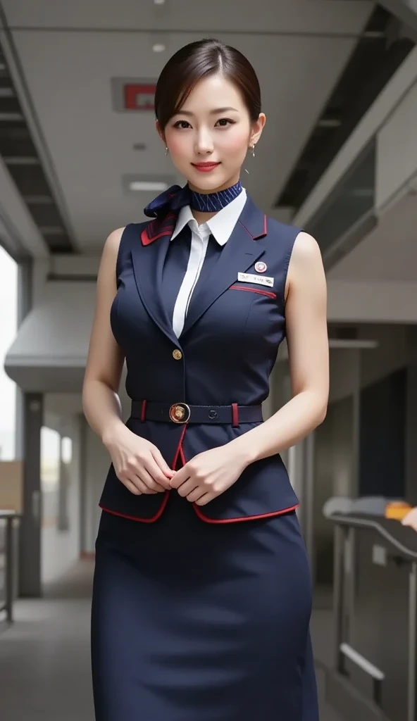 a gorgeous lady, age 21, Flight Attendant uniform, Shenzhen Airlines Stewardess,natural pose in empty abandoned airport, dimpled smile, short ponytail hair, short bob hair, cute snaggleteeth, well-endowed round bosom, photorealistic, beautiful detailed eyes, hyper-realism, high contrast, ultra HD, realistic skin textures, top image quality, top-quality, super high resolution, fine details, very meticulously, head to knees, face focus, dark bokeh night background