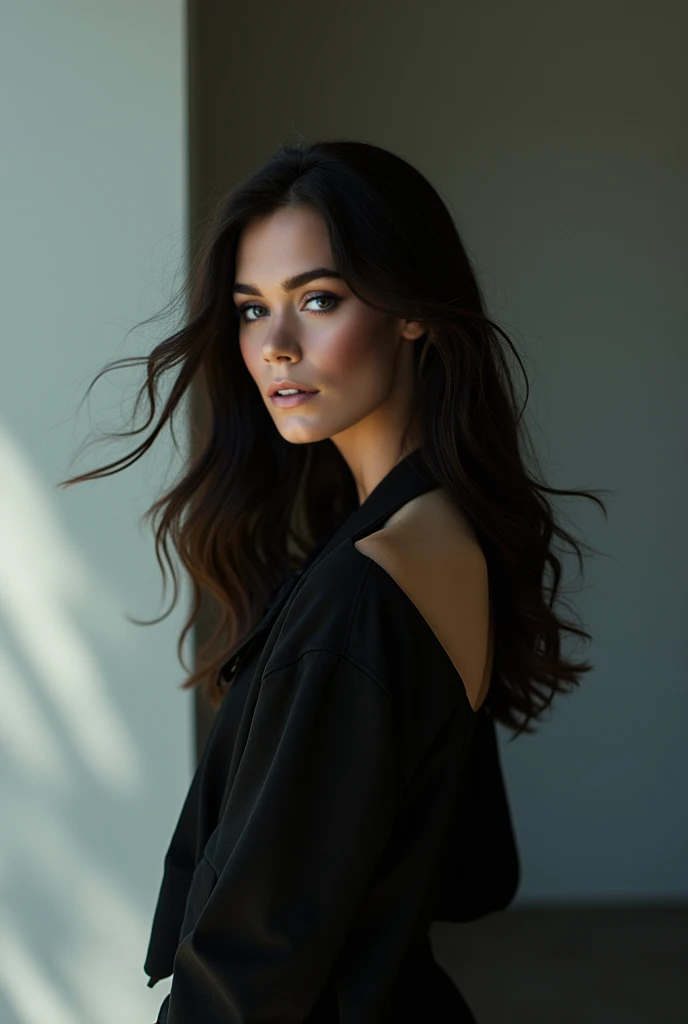 beautiful brunette, shoulder length wavy brown hair, ((natural eyebrows with some flyaways)), (((pose natural, sitting casually on a painter's stool, Hand resting on chin, thoughtful expression))). from front view (((in a painting studio with natural light))). highy detailed, 20 year, ((eyes browns)). (((Nose with straight back, slightly rounded tip, harmonious proportion with the face, symmetrical and refined nostrils))). ((Medium, well-defined lips, soft cupid's bow, natural redness around the edges, smooth texture with visible hydration)). high resolution, work of art. Pele realista Fitzpatrick IV, texture of "Orange peel" subtle on the cheeks, discrete nevus of Ota. ((Wearing an oversized white shirt)). excellent quality, extremely detaild, sharp focus, 4K, ((shooting Canon R5, 50mm f/1.2L)), Kodak Vision3 color vision. natural body, photoshot_(ultra), photoshotrrealismo, 8k hd, photoshotgrafia (film grain) medium shot for filming (((Diffuse lighting with soft side key light))) Em primeiro plano
