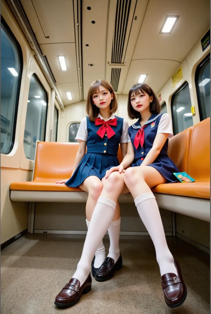 highest quality, ultra high resolution, (realistic: ),((Schoolgirl in uniform２people))(((Please open your legs a little)))gray mini skirt,gray blazer、Pink embroidered panties、White embroidered panties),full body portrait,sit side by side on train seats,Sunny,loose socks、shortcut、ponytail、