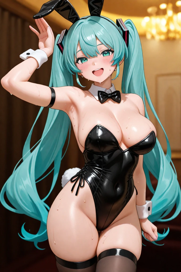 ((Hatsune Miku)), sexy outfit, twintails, high-leg leotard, high heels, ((bunny girl)), (huge breasts), black stocking, ((rabbit ear hair ornaments)), Valentine, Scalpel face, sexy pose, in room, high quality, high resolution, anime style