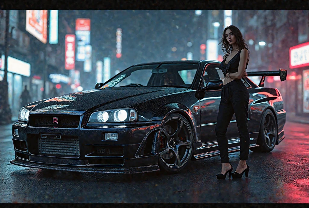 8k, Realistic Skin Texture, Realistic Photo, Neo Tokyo, slim Japanese women, large-breast:1.3 cleavage, AD2050 at night, Dirty hunting jacket, Wearing shirt, miniskirt, (((micro black sunglasses, automatic rifle, sneakers, cold, shooting pose, low angle view))), Innovative composition, revenge, An old 1966 Ford Bronco that looks out of place in a city, cyberpunk, blade runner worldview, Large neon sign, Geisha hologram sign, Strong Wakamoto Sign.