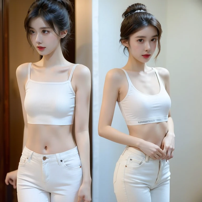 Girl in white and tight jeans posing for photo,Put your arms behind your back,Full Body Love,With a short T-shirt、bra,slim,Smaller bust,slim的女孩模特,24-year-old female model,Long hair,Single ponytail