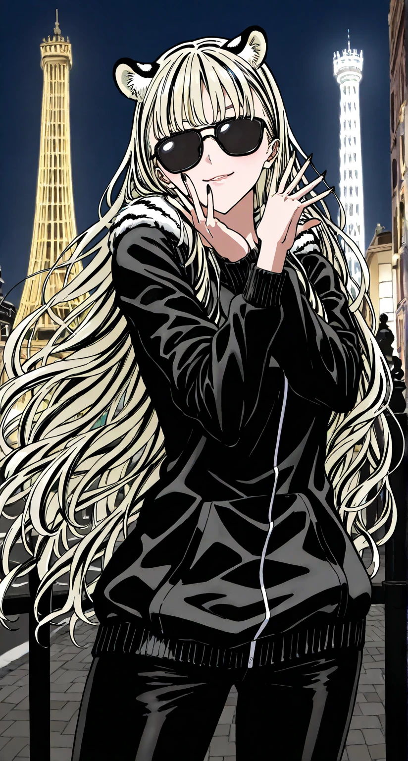 Long hair up to the chest、blonde hair close to yellow、femele、wears sunglasses、Parting bangs、White headphones、Black short sleeves、Long black trousers、Mock neck clothes、Mock turtleneck clothes、1人、cool、Equipped with headphones on the head、1人、Illustration of the upper body from waist to top、Professional technology、flat chest、small tits、femele、Black clothe、Black pants、shortsleeves、long trousers、turtle neck、Waist-deep hem、parting bangs、Red eyes、bravery、isolated、cool、White headphones、wears sunglasses、Relaxed expression、neuter、Hem up to the waist、Hair is down、Long、neuter、Black clothe、Black pants、shortsleeves、long trousers、1 character、a cool、cool、blonde hair close to yellow、Neutral women、neuter、flat chest、small tits、lack of breasts、Hair is down、Drooping hair、parting bangs