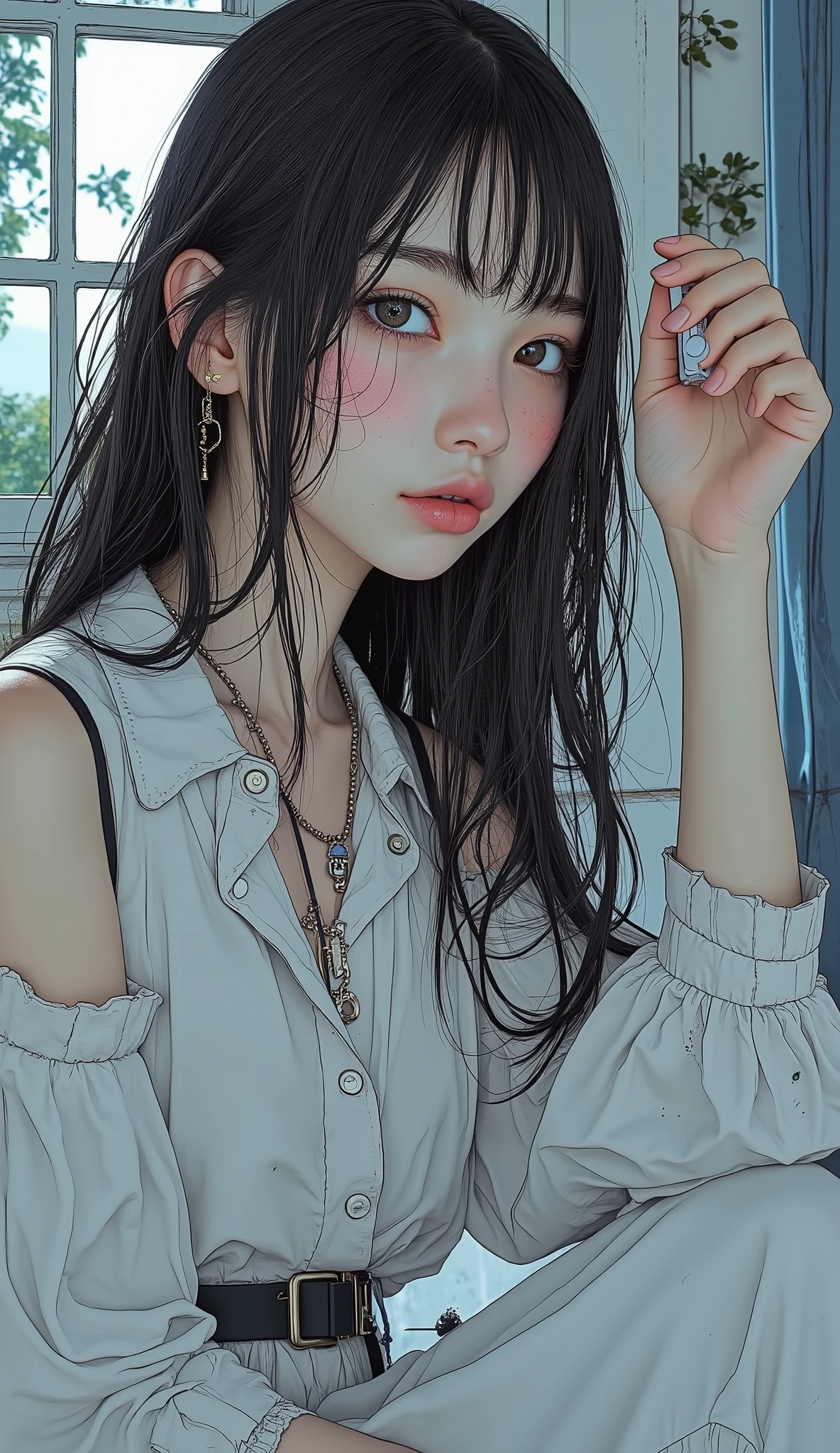 a 60 year old woman, highest quality, 8K, high resolution image, anime style, dark blue long hair, glassy eyes, red cheeks, she is wearing a simple shirt and jeans, she is sitting on the sofa with a fake in her hand, she is very drunk looks confused. Sofa stands in a very messy room between bottles and empty packaging, room is flooded with light from TV