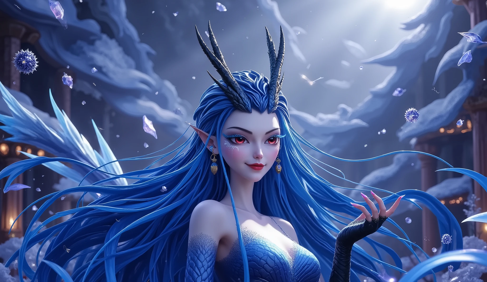 Noble and Elegant Dragon Princess,She will freeze magic, red eyes,Blue eyelashes,Dragon Horn。Prefer blue clothes。Dragon in the air。crystal darts,Examples of luminescence, ray tracing,Motion Capture。 Disney-style ,IG Model,Blue Elf, Detailed Fantasy Art , Fantasy Art Style, Intricate Fantastic Digital Art