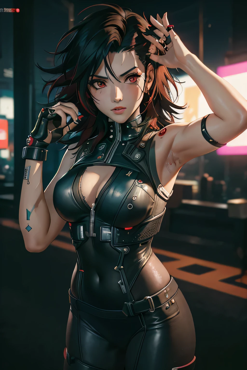 sfw, (((obra-prima)))、(((Maximum quality)))、((ultra-definition))、(High definition CG illustration)、((extremamente delicado e lindo))、Cidade do Futuro、Cinematic Light、apenas、Esbian、Beautiful neon lights、2080s、animesque、garota linda、Garota de cauda dupla、Trends in Artstationh、Raquel Walker, wearing bra,((cintura fina)), young asian, ((peito grande)),