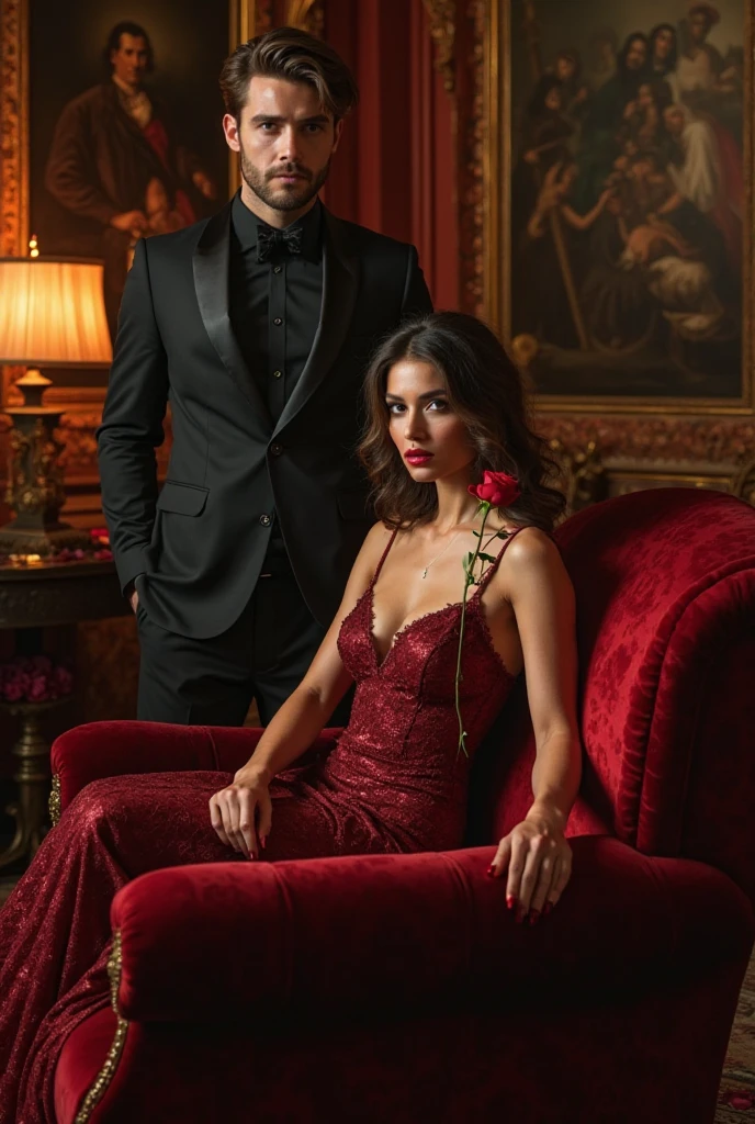 Create a realistic photograph of a smiling and beautiful indian actress in maroon satin carrying a large stout man on her shoulders in a room, man is sitting on top of her shoulders , man on top, woman at bottom , woman is wearing black gloves 