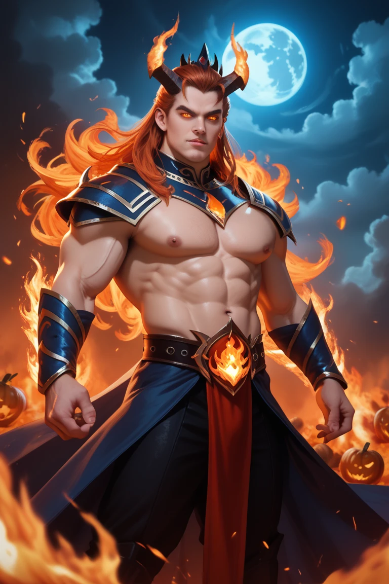 (8k,uploadsrrealista uploads Maximum quality;1.4) (1 young boy) Super handsome king of the underworld (lifelike face) (long hair, orange red hair with red highlights) slenderbody Sexy and macho muscular man Red and orange aristocratic costume with big beautiful eyes Orange decoration Fangs peeking out of the mouth Pointed claws a seductive gaze Beautiful expression A hyper-realistic (King of the Underworld) appealing (real looking skin) super high resolution high détail Luxurious black and orange and red pants Orange aura emanating from the body effect black robe