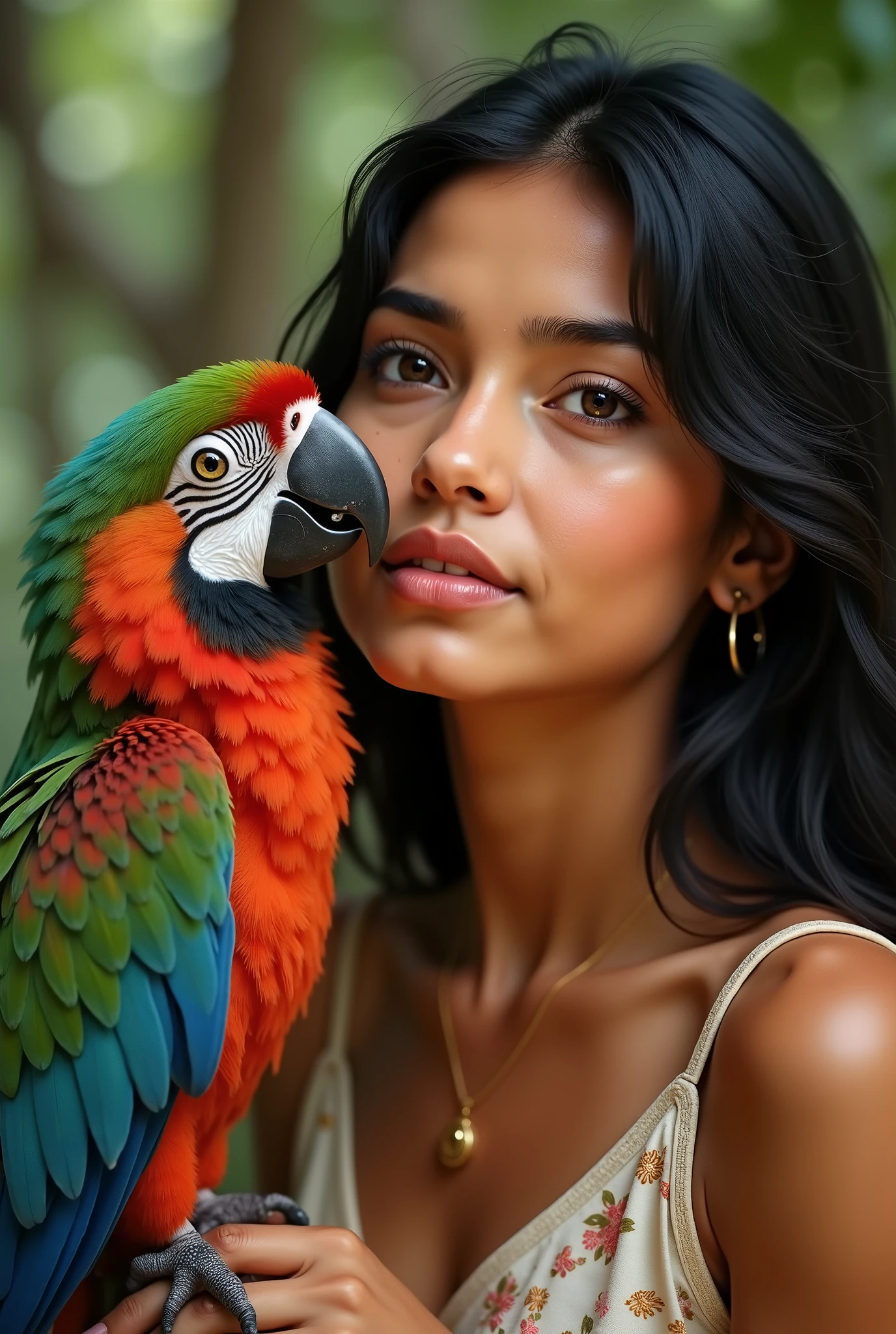Araffe with a parrot on his head and a woman with long red hair, com um papagaio grande, com um papagaio no ombro, Justina Blakeney, with beautiful exotic, fotografia colorida realista, mulher linda, Mulher mexicana bonita, color photograph portrait 4k, colorido bonito, papagaio, linda mulher bonita, modelo bonito, inspirado em Sophie Gengembre Anderson