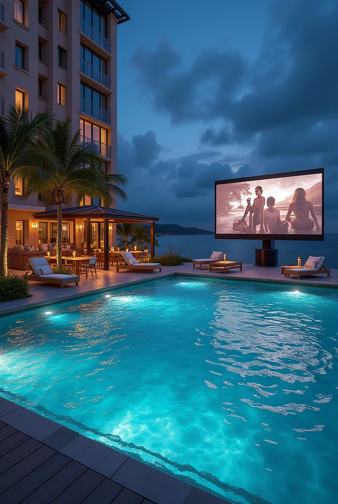 A beautiful dinner at night with lights and sofas big screen television at beachfront