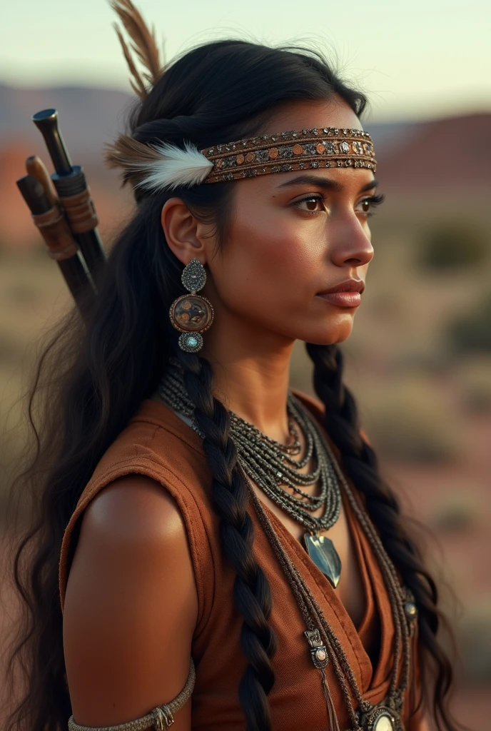 portrait photograph of Marie Avgeroupolus as Pocahontas, young beautiful native american woman, perfect symmetrical face, indigenes feather jewelry, traditional handmade dress, armed female hunter warrior, (((wild west))) environment, Utah landscape, ultra realistic, concept art, elegant, ((intricate)), ((highly detailed)), depth of field, ((professionally color graded)), soft ambient lighting, dusk, 8k, art by artgerm and greg rutkowski and alphonse mucha