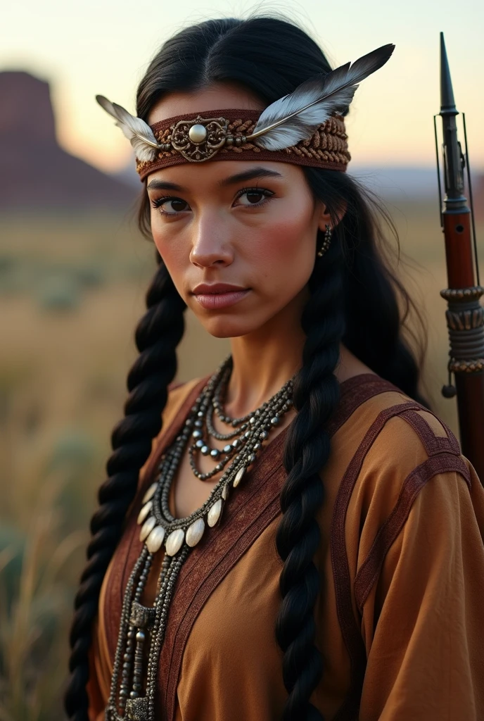 portrait photograph of Marie Avgeroupolus as Pocahontas, young beautiful native american woman, perfect symmetrical face, indigenes feather jewelry, traditional handmade dress, armed female hunter warrior, (((wild west))) environment, Utah landscape, ultra realistic, concept art, elegant, ((intricate)), ((highly detailed)), depth of field, ((professionally color graded)), soft ambient lighting, dusk, 8k, art by artgerm and greg rutkowski and alphonse mucha