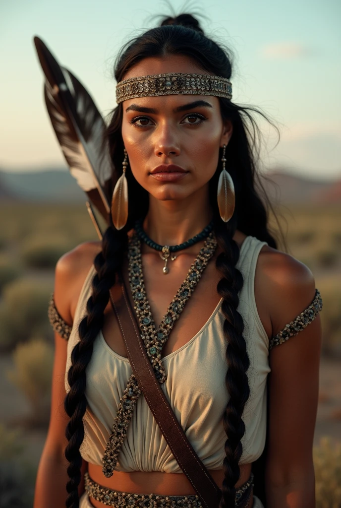 portrait photograph of Marie Avgeroupolus as Pocahontas, young beautiful native american woman, perfect symmetrical face, indigenes feather jewelry, traditional handmade dress, armed female hunter warrior, (((wild west))) environment, Utah landscape, ultra realistic, concept art, elegant, ((intricate)), ((highly detailed)), depth of field, ((professionally color graded)), soft ambient lighting, dusk, 8k, art by artgerm and greg rutkowski and alphonse mucha