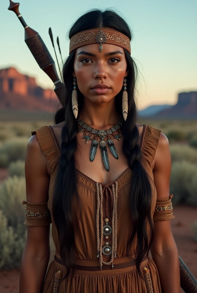 portrait photograph of Marie Avgeroupolus as Pocahontas, young beautiful native american woman, perfect symmetrical face, indigenes feather jewelry, traditional handmade dress, armed female hunter warrior, (((wild west))) environment, Utah landscape, ultra realistic, concept art, elegant, ((intricate)), ((highly detailed)), depth of field, ((professionally color graded)), soft ambient lighting, dusk, 8k, art by artgerm and greg rutkowski and alphonse mucha