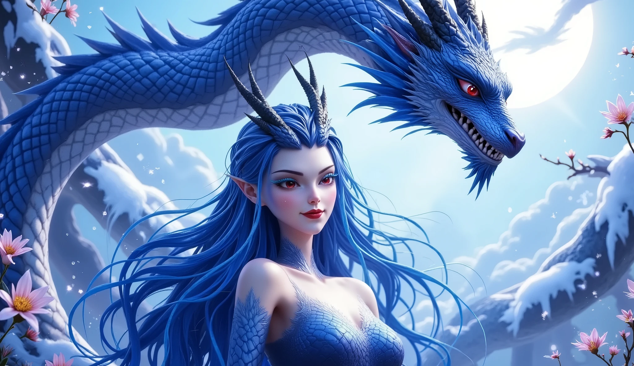 Noble and Elegant Dragon Princess,She will freeze magic, red eyes,Blue eyelashes,Dragon Horn。Prefer blue clothes。Dragon in the air。crystal darts,Examples of luminescence, ray tracing,Motion Capture。 Disney-style ,IG Model,Blue Elf, Detailed Fantasy Art , Fantasy Art Style, Intricate Fantastic Digital Art