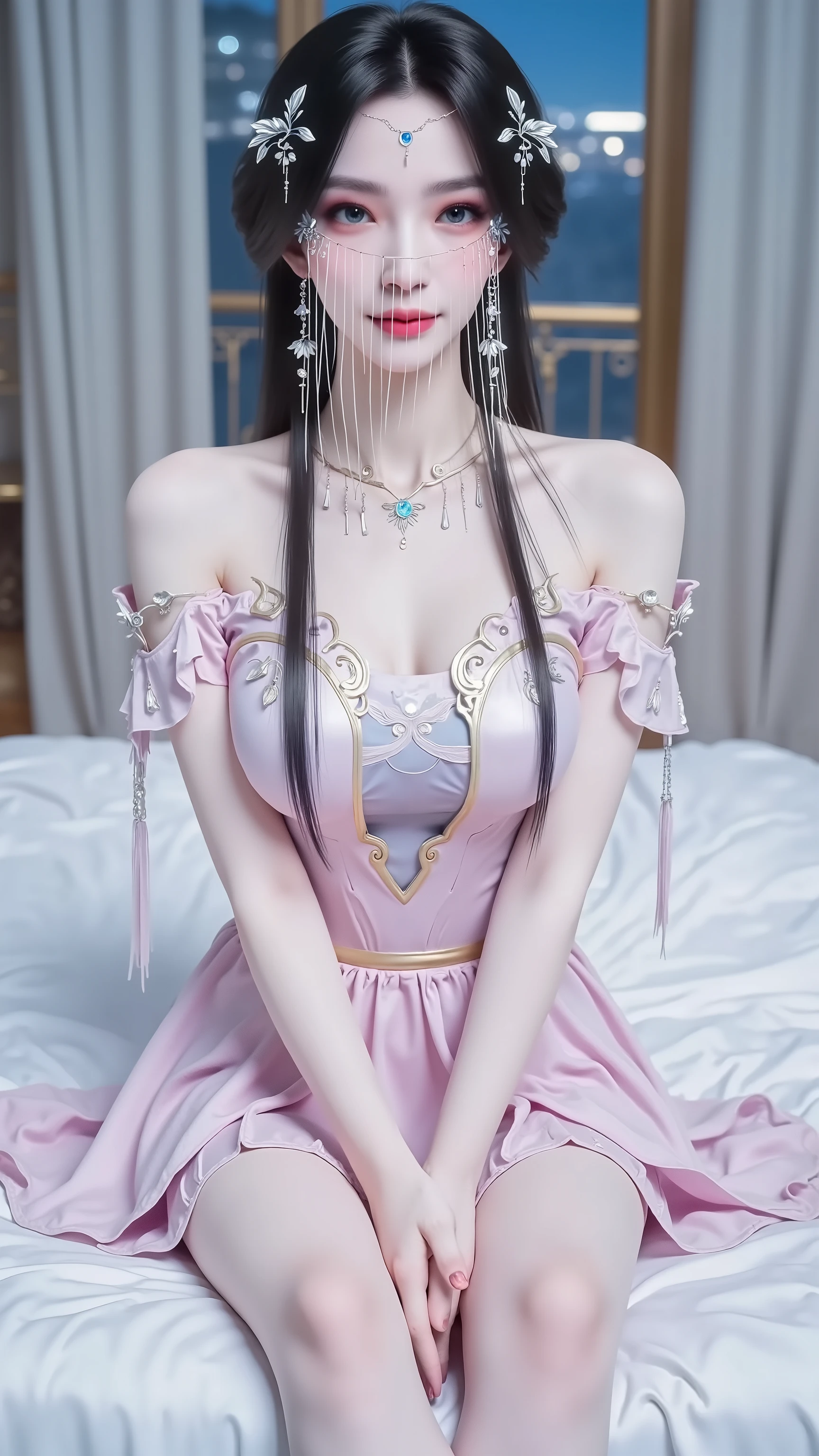 ((Realistic lighting, top quality, 8K, Masterpiece: 1.3)), Clear Focus: 1.2, 1Woman, Perfect Beauty: 1.4, Yushuxin, 1Girl, Dress, Solo, Brunette, Jewelry, Long Hair, Earrings, Bow, Pink Dress, Wood, Nature, Outdoor, Bare Shoulder, Airless Gainsboro, Long Dress, Hair Bow, Forest, Pink Bow,Strapless, Standing, Necklace, Head Tilt, Chapped Lips, Wavy Hair, Strapless Dress,Lace Sleeves, cetin dress,close-up woman in pink dress posing for photo,beautiful virgin,beautiful korean woman, beautiful princess, cute elegant pose, bell delphine, wearing pink dress, beautiful fantasy maiden, anime princess, beautiful seductive anime woman,beautiful asian girl, attractive anime girl, elegant glamorous cosplay,(lying on bed:1.8),(beautiful orb-articulated doll:1.3),luxurious princess dress