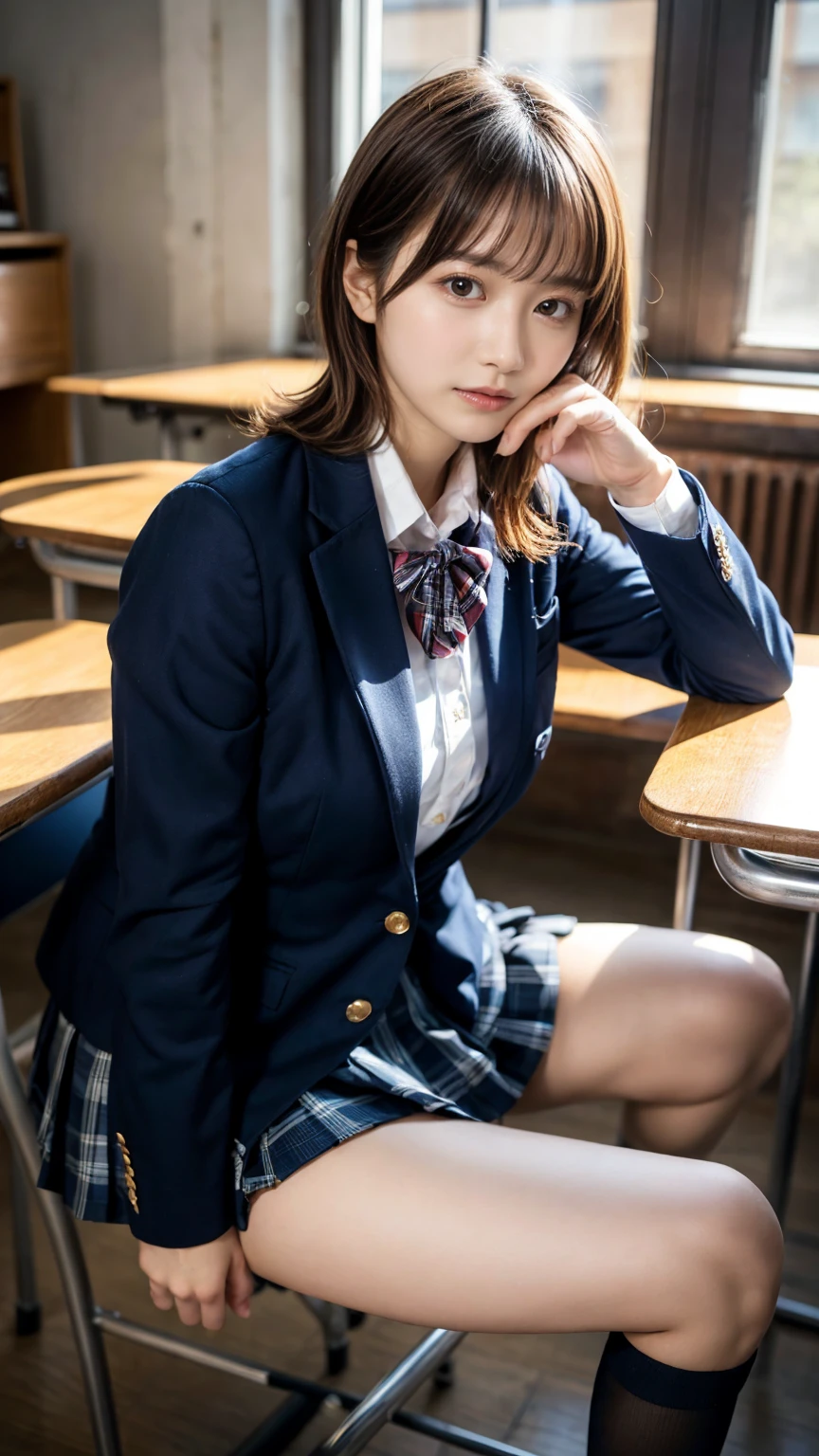 (8K, RAW Photos, Highest quality, masterpiece:1.2), (professional photography, full colors, studio-caliber color grading), (Gravure quality for high-end fashion magazines), BREAK,18 year old girl, short bob hair, black hair color, Big Natural Color Lip, (Plumpy body:1 (smooth skin:1.1 (huge breasts:1.0 BREAK High school girl uniform, blazer, Super Short Check Uniform Skirt, Navy blue high socks, BREAK High School Classroom