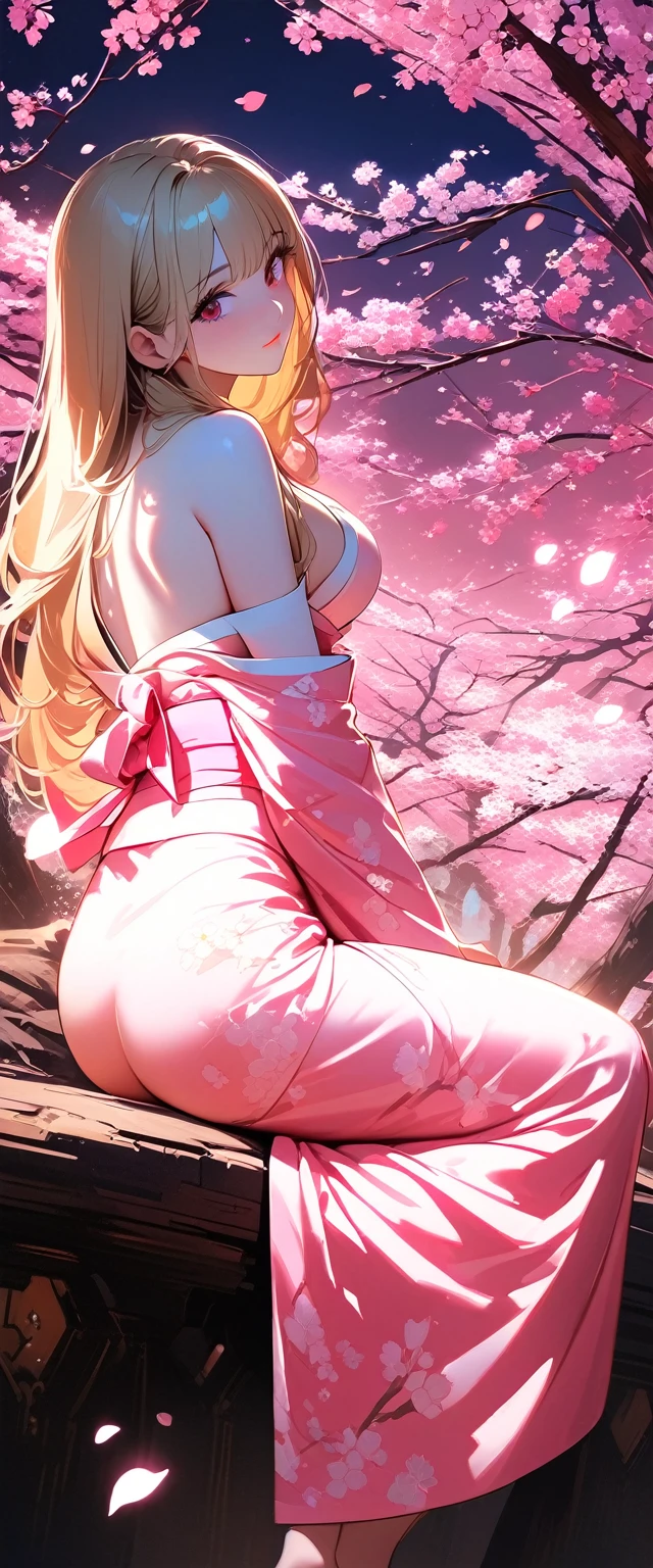  (back view )serious and sexy face, has a face of supernatural beauty and short stature, curly blonde hair, decorated with flowers, as well as blue eyes. (Ideal Anatomy) , (Perfect eyes) Her figure is extremely curvy, Giant breasts, heavy chest, fitness hips, textile, covering the chest,in a semi-transparent kimono where underwear is visible , large abdominal muscle, piece of art.beautiful kimono in harajuku style, lace panties, skinny, thin thick, small waist, 8 k, uhd, (seductive emphasized and raised ass), cherry blossoms fluttering in the wind, Feudal Japan background