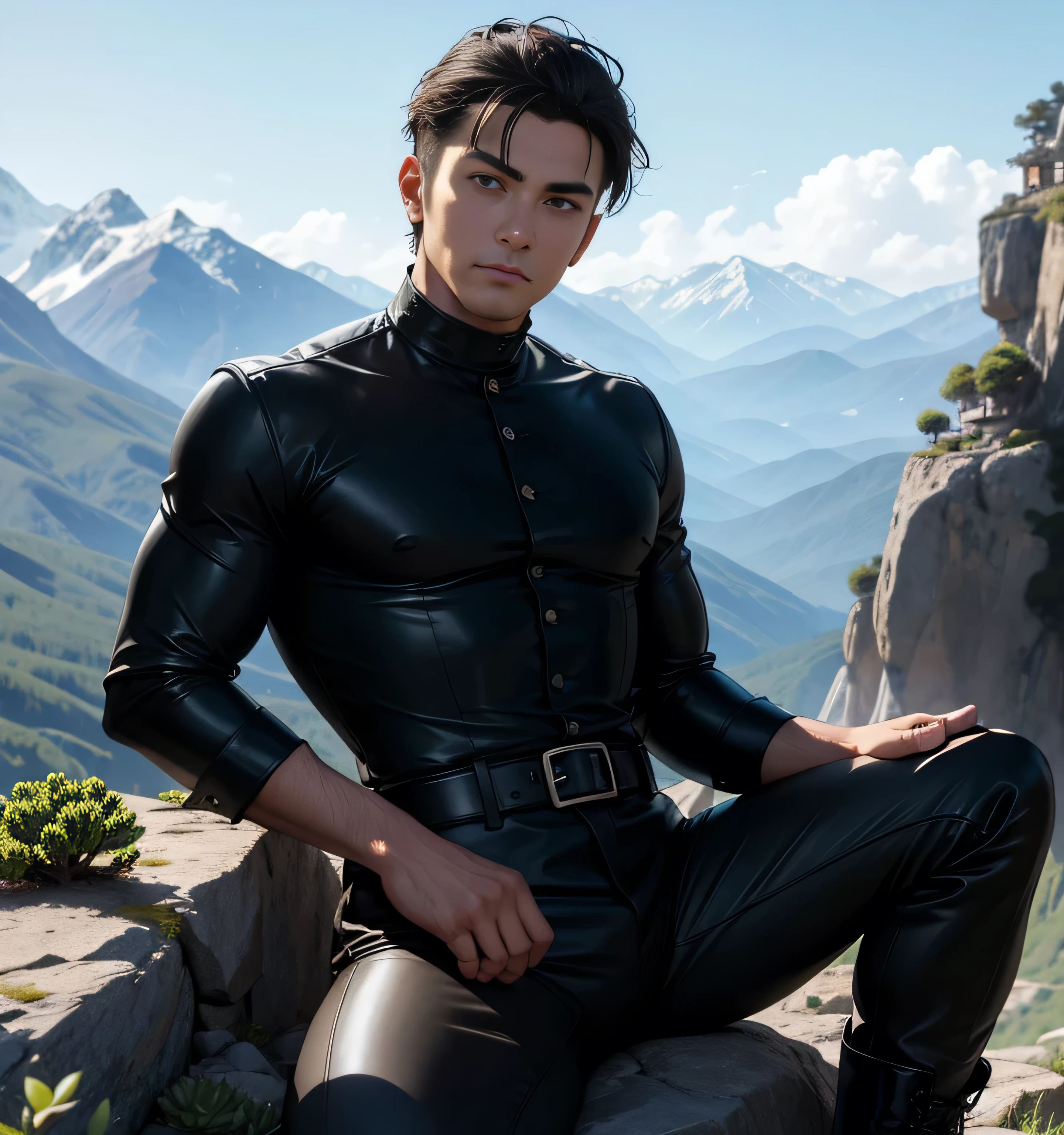 40 years old,one man,、succulent、black turtleneck shirt、black leather slim pants、Shocker Belt、Combatant、Mountain trail。Sit on a rock with your legs wide open。logic,Gay , Hair、very short hair。 front succulentの大柄の男 Hairの Hair Turkish face military boots upper body up as seen from below。