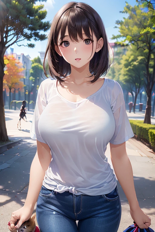 1girl, T-shirt, denim shorts, absurdres, medium soft breasts, curvy, [perfect shadows and lighting], detailed outdoor background, incredible high-key lighting