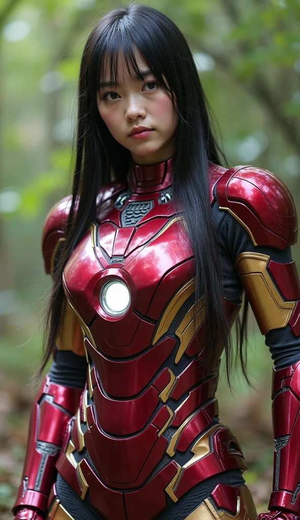 Iron Man Armor、Iron Man Mask、M-shaped legs、Kindergarteners、Elementary school girl　girl, Hyperrealism, Super Detail, high quality, Anatomically correct, 16K, High resolution, Textured skin、Chiquita、、Glasses、Sweaty、Red and black clothing colors　A lot of steam coming out of your head　Wet Hair