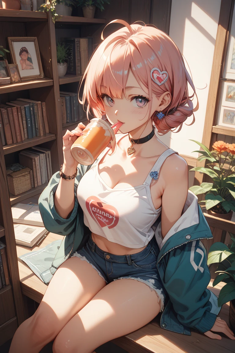 Gamer Girls babes eye glasses Pink hair a smile big tit Long Beautie 最好质量 巨作 ultra-high-resolution