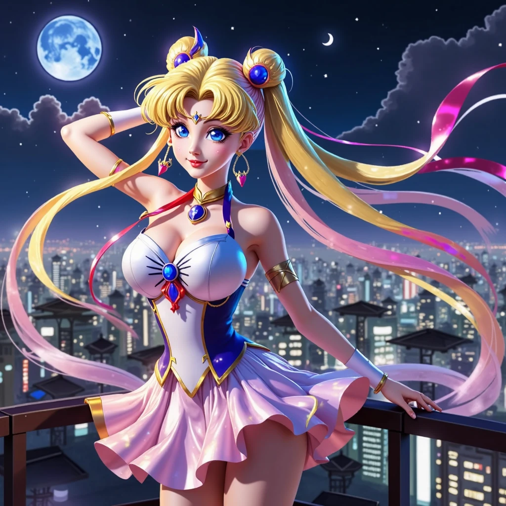 (best quality,4k,8k,highres,masterpiece:1.2),ultra-detailed,(realistic,photorealistic,photo-realistic:1.37),Sailor Moon in her magical form,standing on her rooftop,watching a shadow monster descend upon Tokyo,her magic tingling,night time,shimmering moonlight,glowing city lights,sparkling stars,magical transformation,effortlessly graceful movements,majestic rooftop garden,flowing hair,mystical wand with a crescent moon,beautifully detailed eyes,shimmering dress with pastel colors,playful ribbons floating in the wind,curved rooftops of traditional Japanese buildings,majestic skyscrapers in the background,energetic and dynamic scene,cityscape with modern architecture and neon signs,expressive and determined face,relevant anime style,serene and otherworldly atmosphere,vibrant and vibrant colors.
